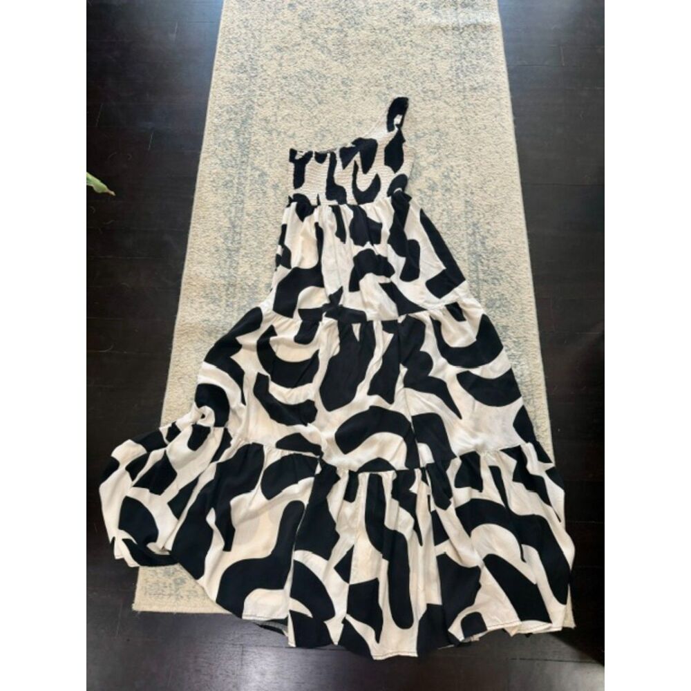 Anthropologie Abel the Label Black and White Graphic Print One-Shoulder Dress